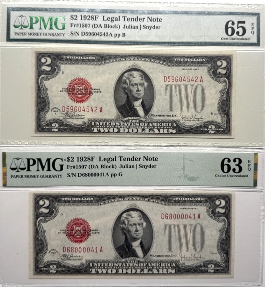 PAIR OF 2 PMG 65/63 EPQ 1928F 2$ 4542A/0041A