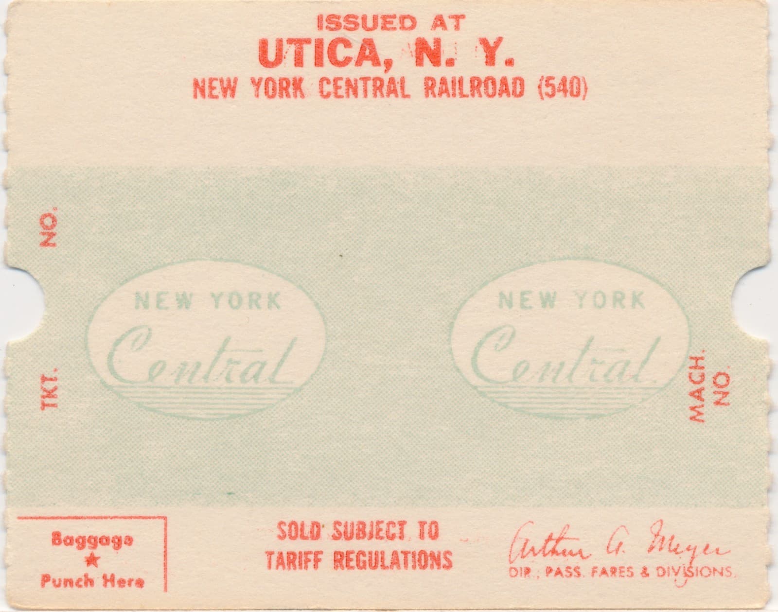 New York Central Railroad NYC Utica NY blank Ticketeer c1960