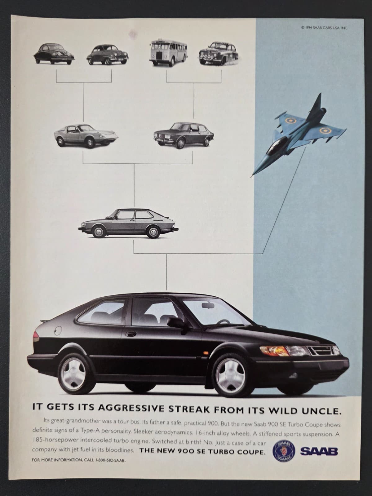 1994 PRINT AD SAAB 900 SE Turbo "Gets its aggressive streak from its Wild Uncle"