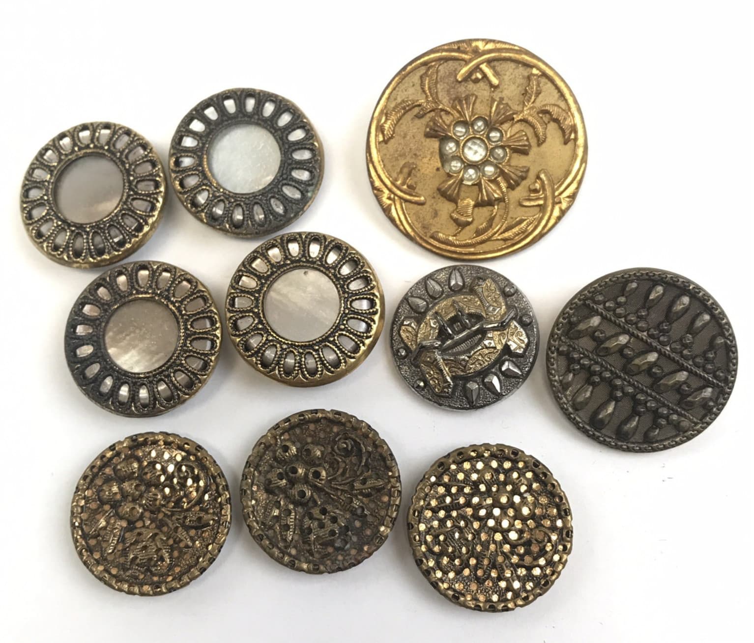 Lot of 10 Antique Victorian Picture Buttons – Brass & Metal, Pierced Rim w/ MOP