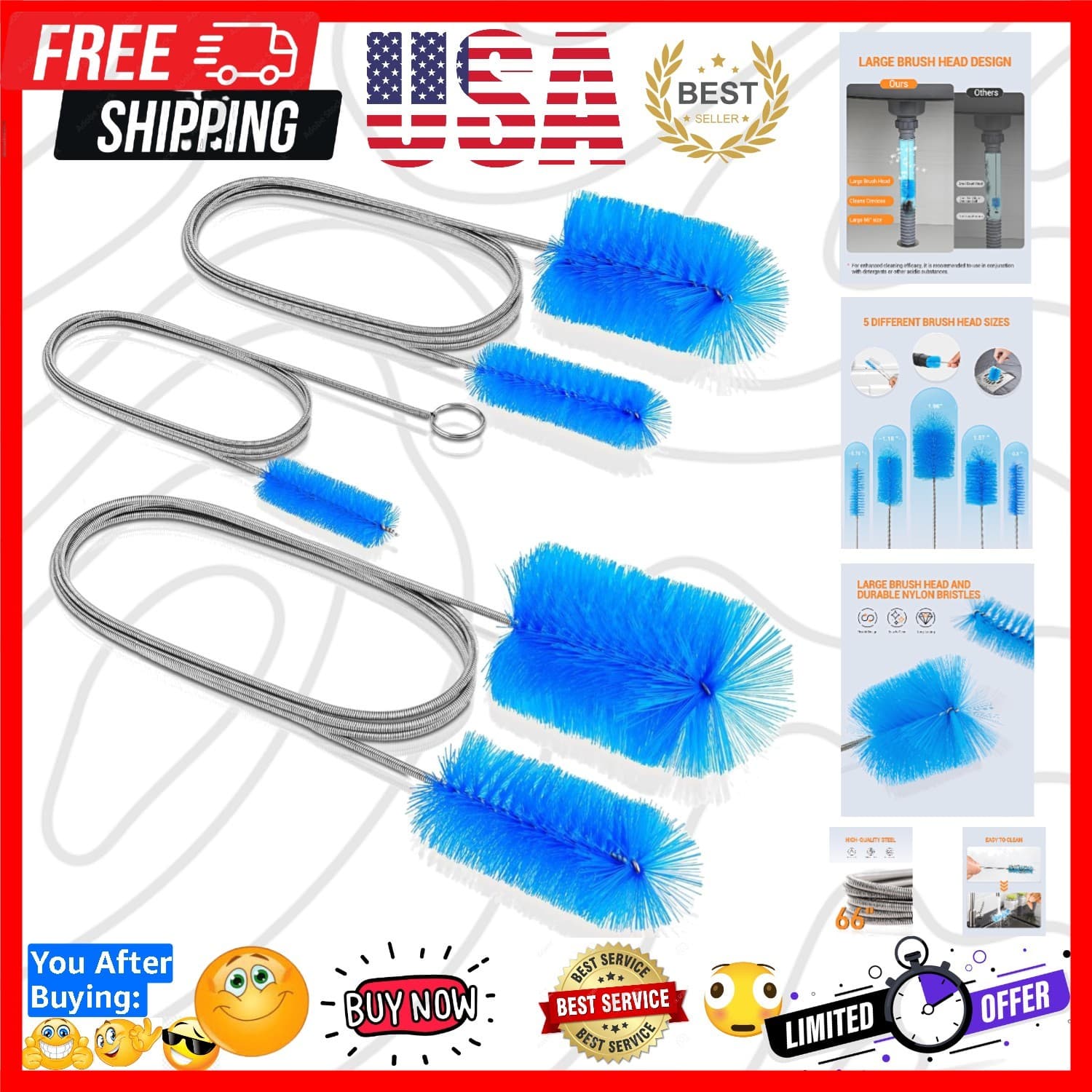 66" Flexible Drain Brush Tool with Large Brush Head and Double Elastic Nylon ...