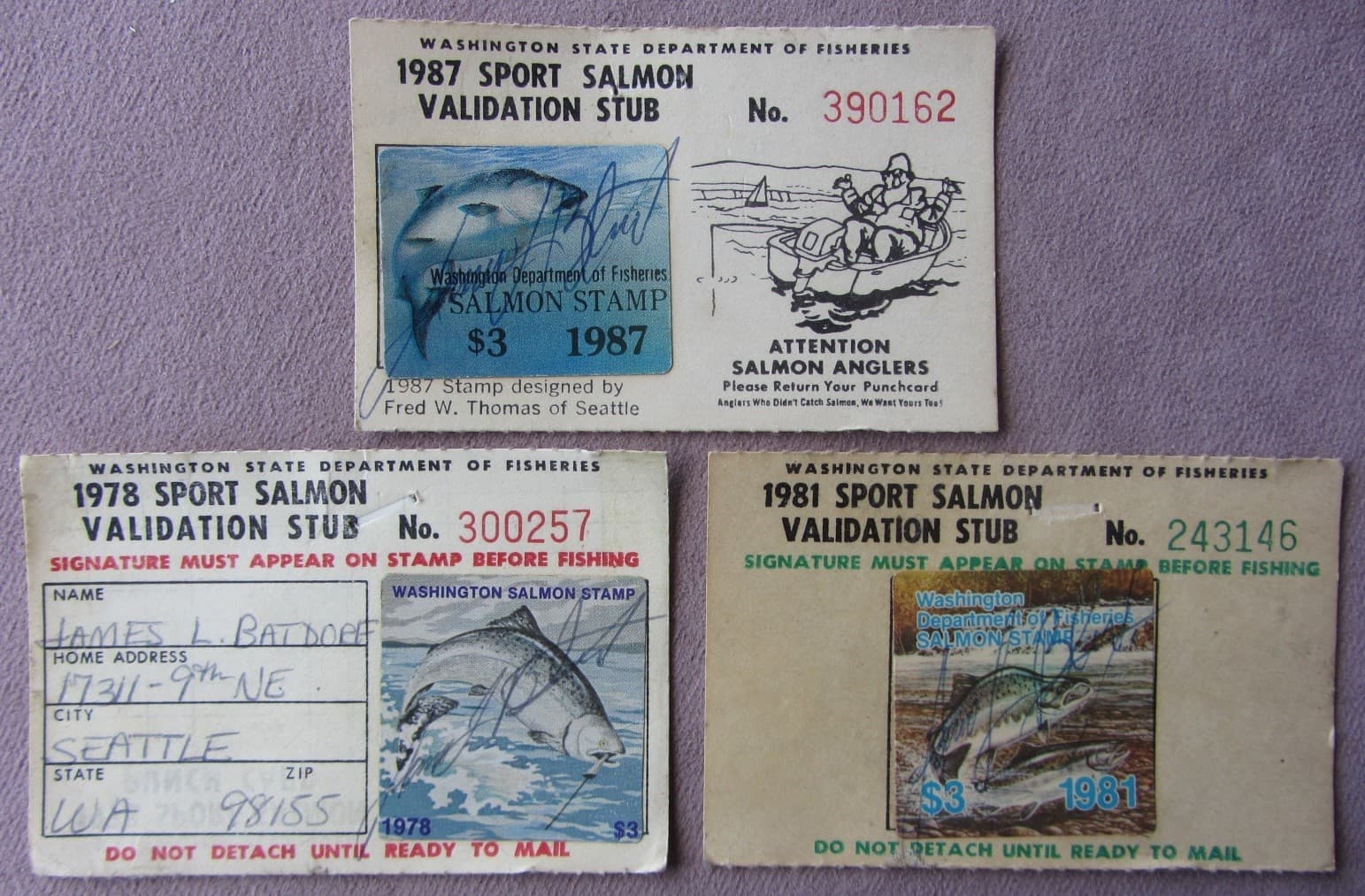 Lot of 3 Sport Salmon Validation Stub Licenses Fishing Stamps 1978 1981 1987 WA