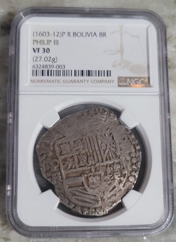 (1603-12) PHILIP III 8 REAL COB NGC VF30 COLONIAL ERA BOLIVIA P R Silver