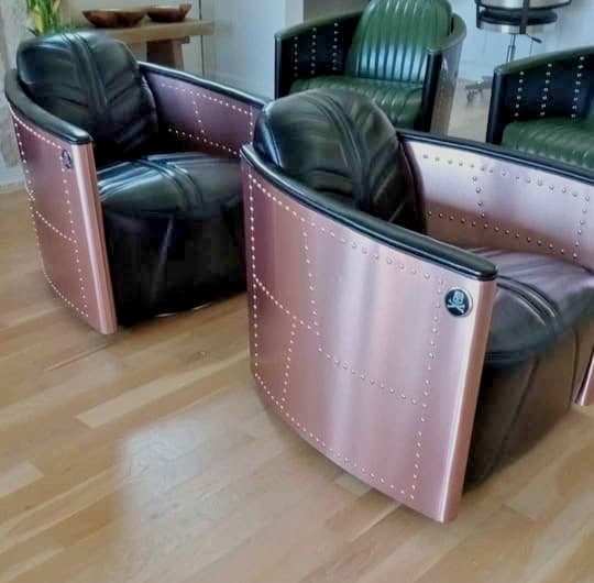 NIB Set of 2 Aviator riveted RoseGold anodized aluminum 360*swivel barrel chairs
