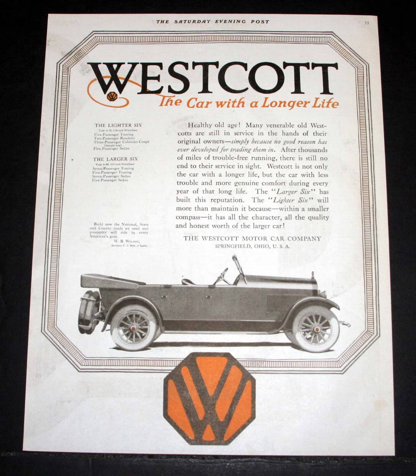 1919 OLD MAGAZINE PRINT AD, WESTCOTT SIX MOTOR CAR, THE CAR WITH A LONGER LIFE!