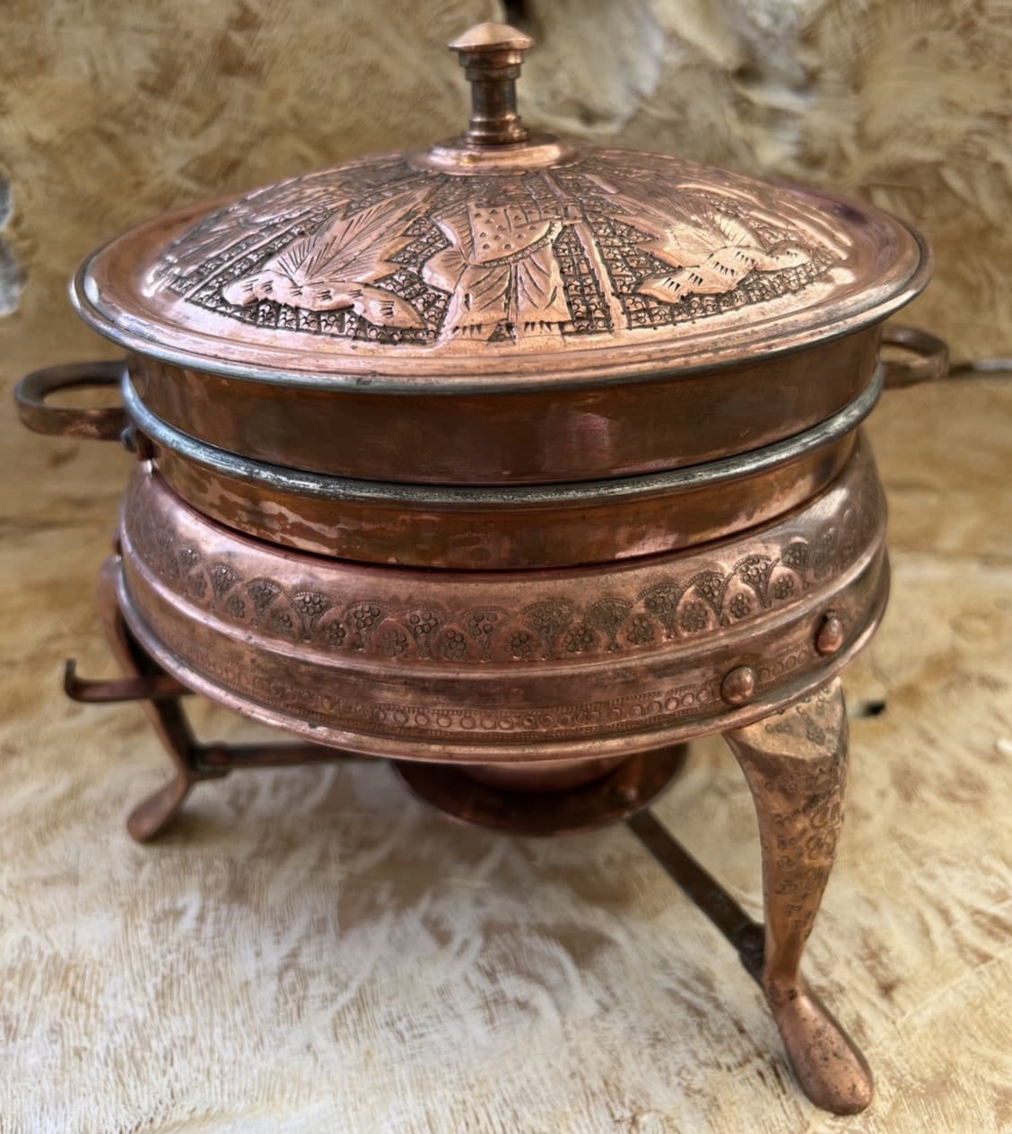 Nader Factory Tehran Iran Food Warmer Embossed Copper Tin Lined Not Complete