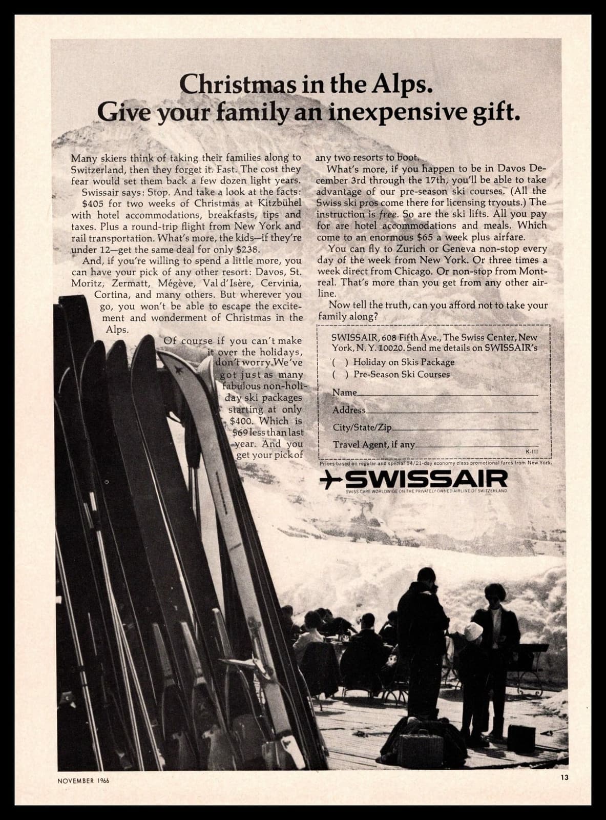 1966 Swissair Airlines "Christmas In The Alps" Family Snow Ski Vacation Print Ad