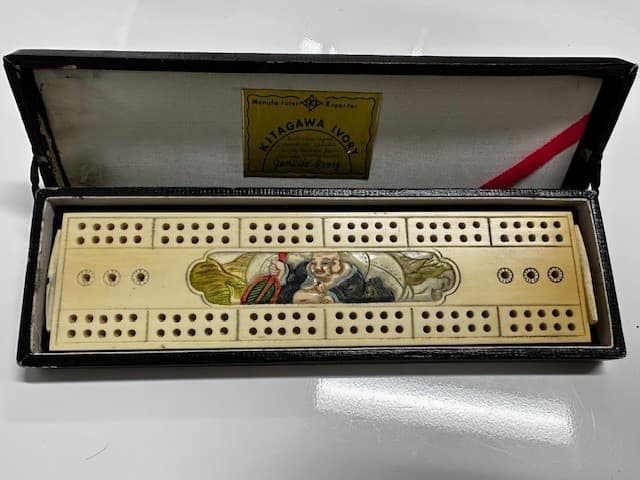 RARE Japanese Motif-Meiji Period Kitagawa Vintage Bone Carved Cribbage Board