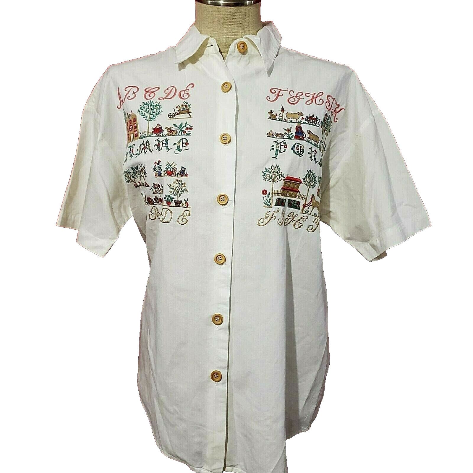 Vtg White Cotton Embroidered Country Style Top Shirt Short Sleeve M