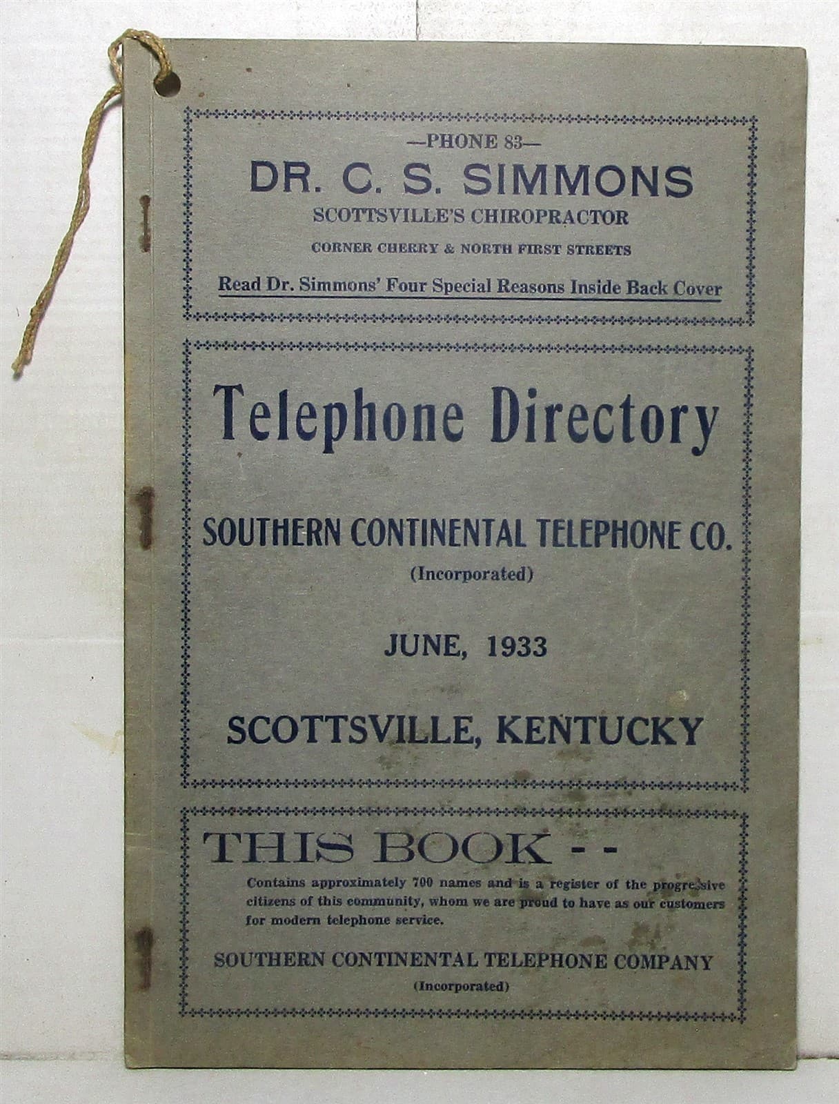 June 1933 Scottsville Kentucky telephone directory