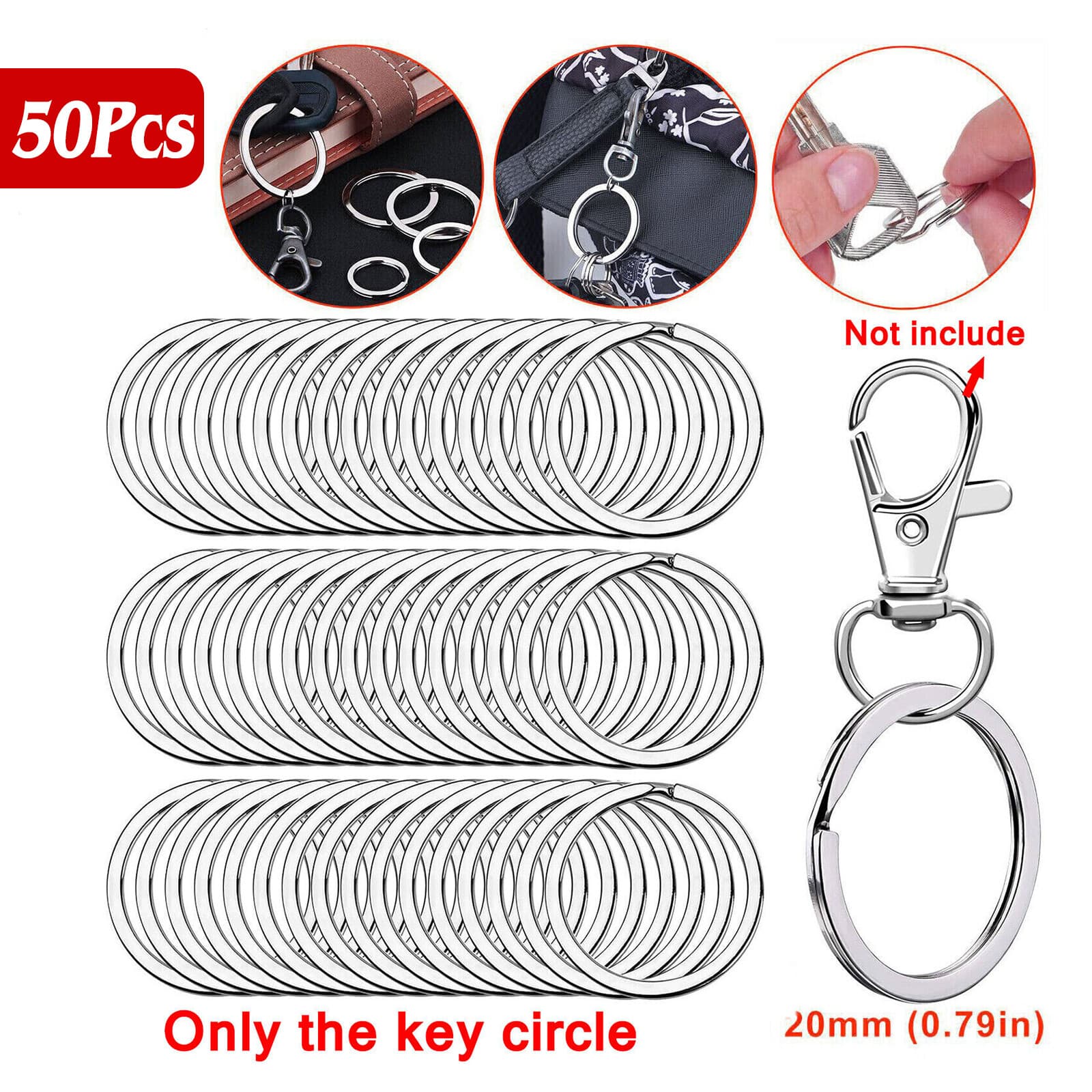 50X Round Key Ring 20/25/30mm Rustproof Split Ring Keychain Stainless Steel