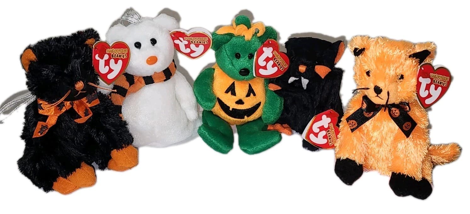 Ty 2004 HALLOWEENIE BEANIE Halloween Set Bat-e Fraidy Quivers Scared-e & Tricky