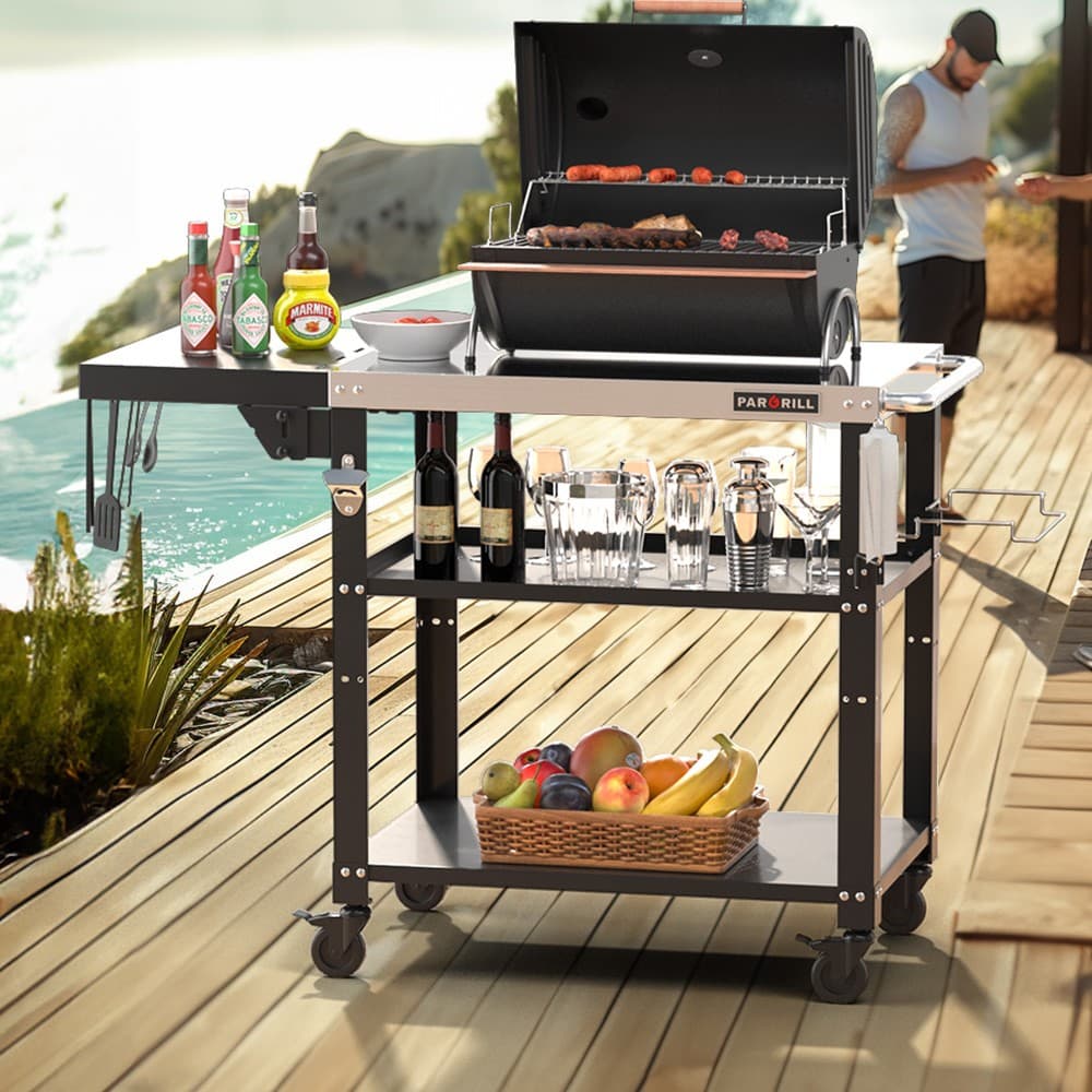 PARGRILL Three-Shelf Outdoor Grill Table 46.6"x 20" 4 Swivel Casters with Brakes