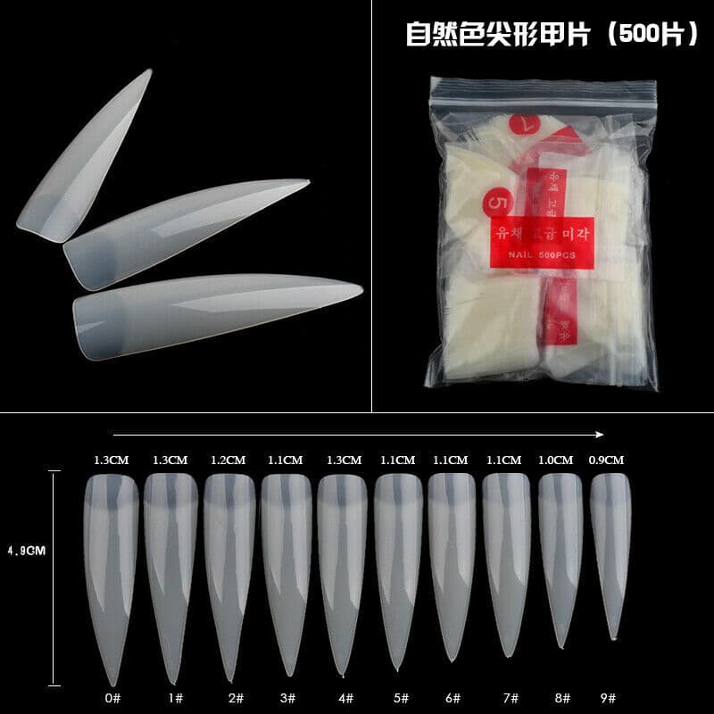 500 Pcs XXL Long Stiletto Pointy False Acrylic Nail Art Tips ~ Natural / Clear