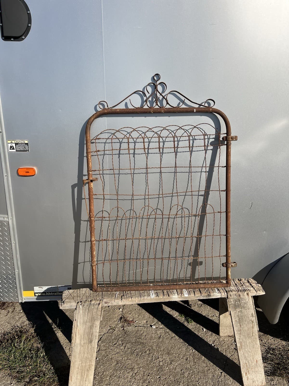 antique 3’ by 49” metal garden gate with latch with kinky loop top wire