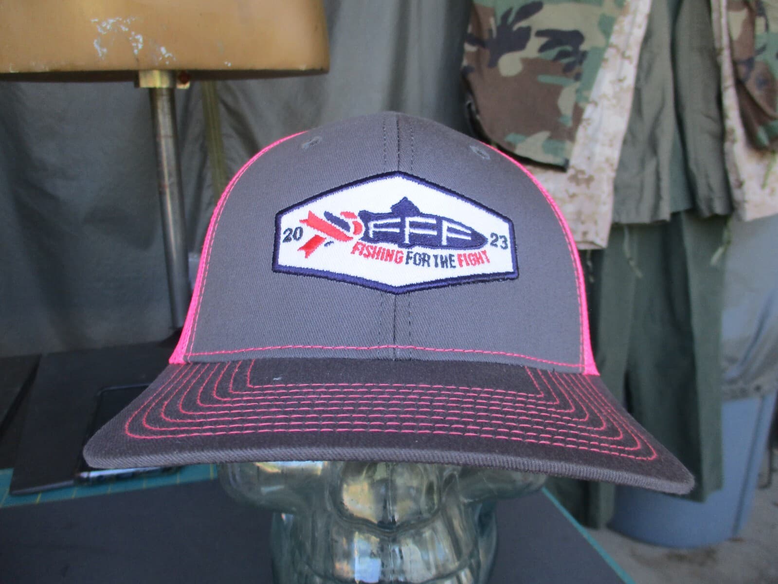 Grey & Pink FISHING FOR THE FIGHT Fly Fishing Mesh Back Trucker Hat, Unworn #1