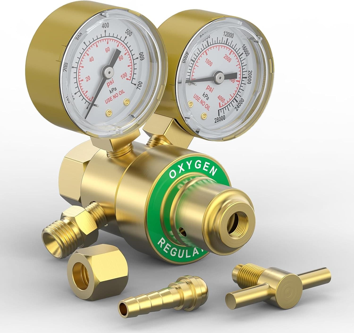 Oxygen Regulator CGA540 0-4000PSI 0-100PSI Gauges with T-Handle & Hose Connector