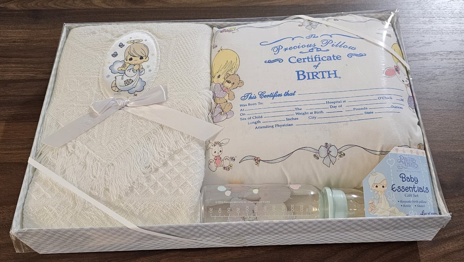 Rare 8-OZ Baby Bottle + Keepsake Birth Pillow + Shawl (Blanket) Precious Moments