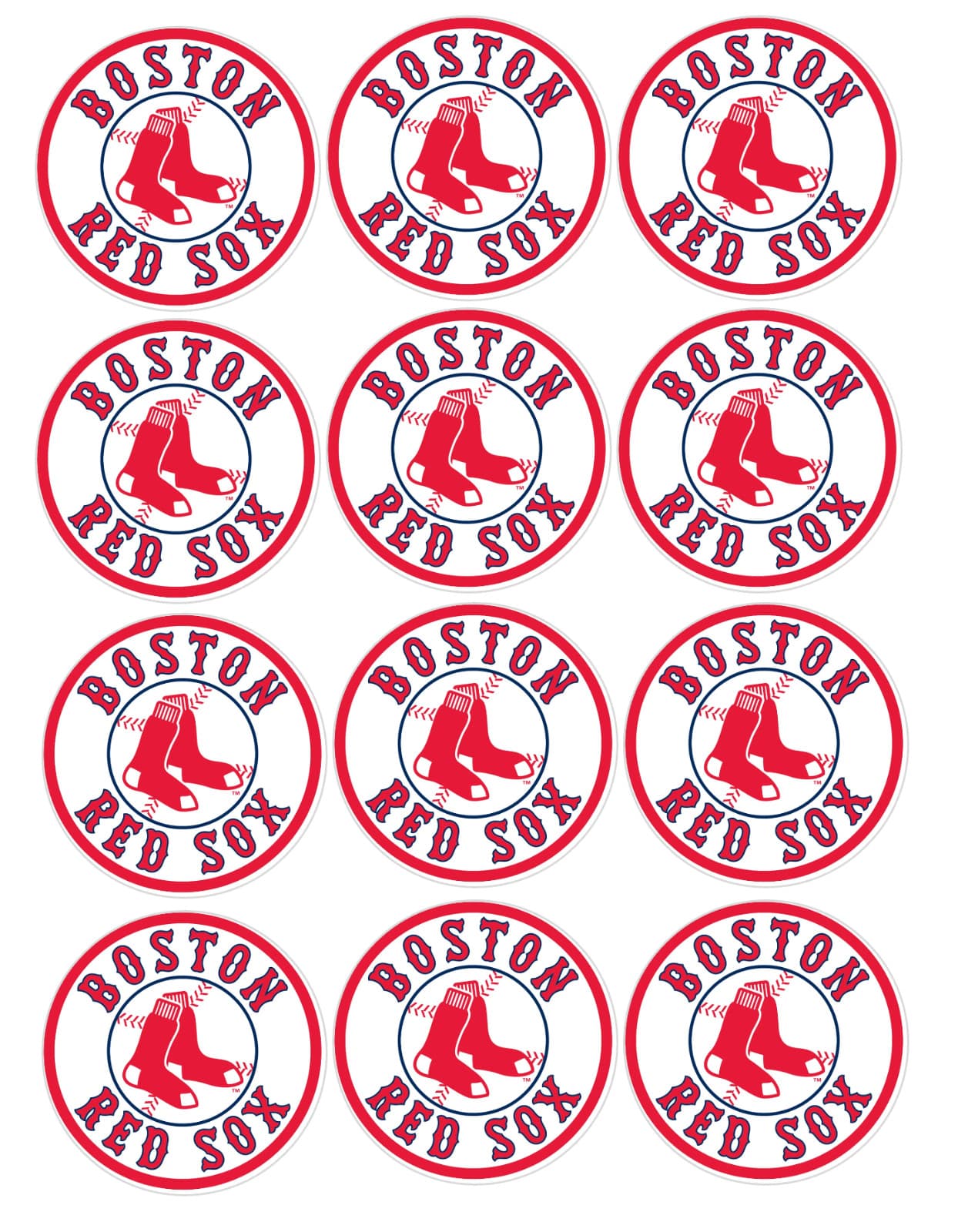 set of 12 Boston Red Sox, edible image rounds, pre cut, choose your sz.