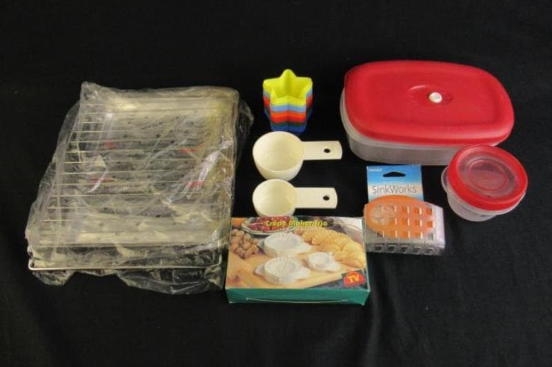 Lot of Kitchen Tools Crepe Makers Measuring Cups Containers Silicone Molds
