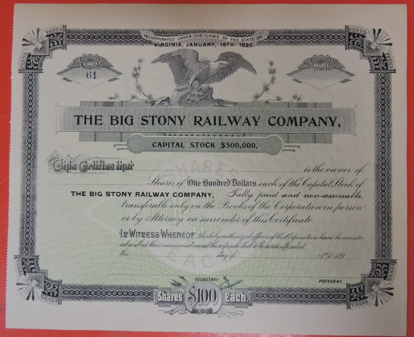 1890s BIG STONY RAILWAY COMPANY STOCK CERTIFICATE-STATE OF VIRGINIA