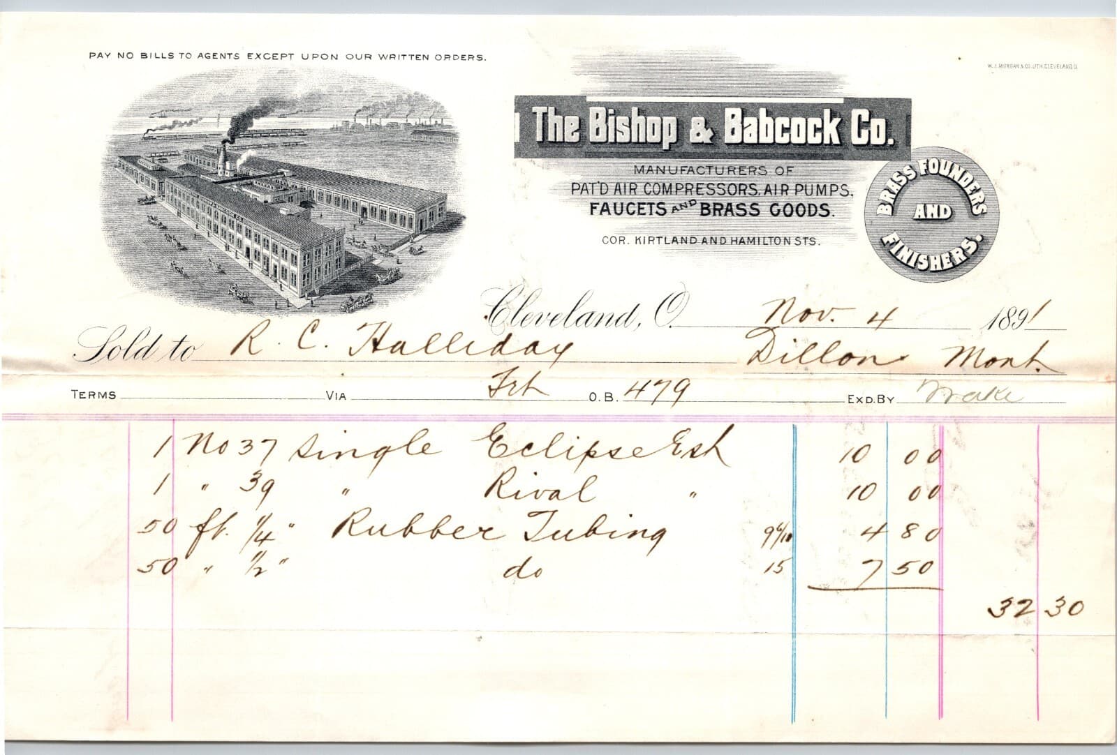 Bishop & Babcock Co Faucets and Brass Goods Cleveland 1891 Billhead
