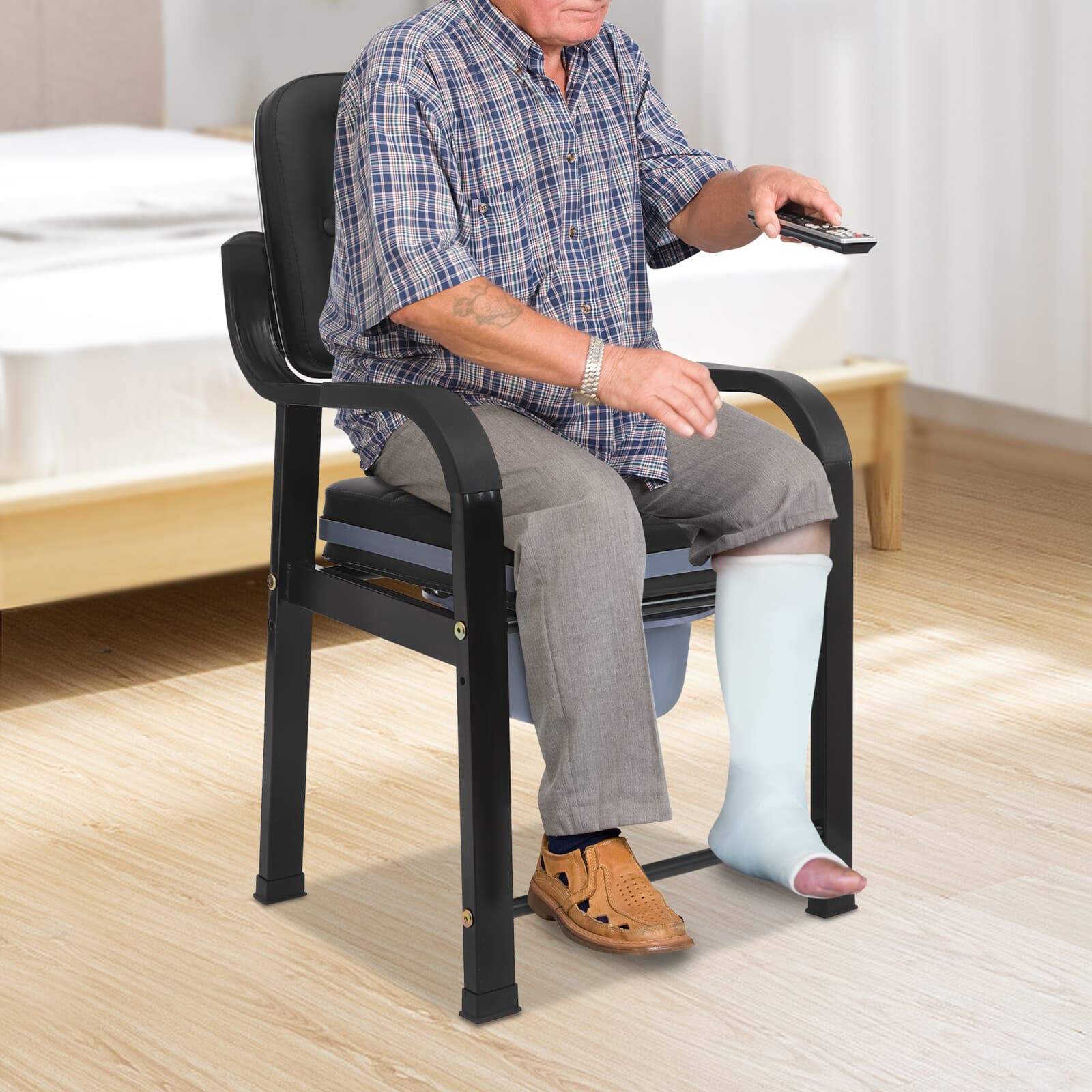Bedside Toilet Chair w/28cm Bucket - 550lbs Capacity Floorstanding for Elderly