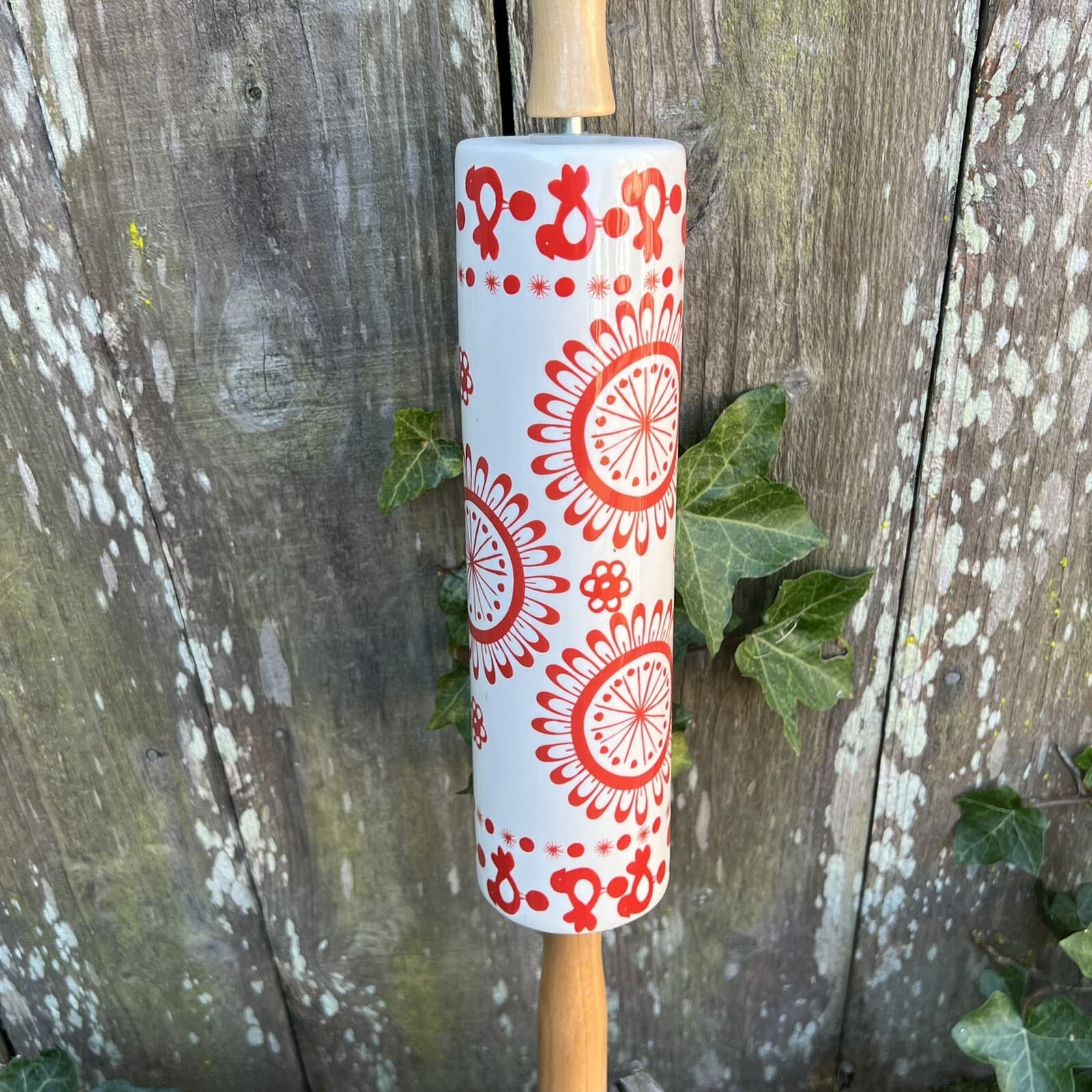 Anthropologie Rolling Pin Ceramic Folk Art Mandela Chicken Pattern