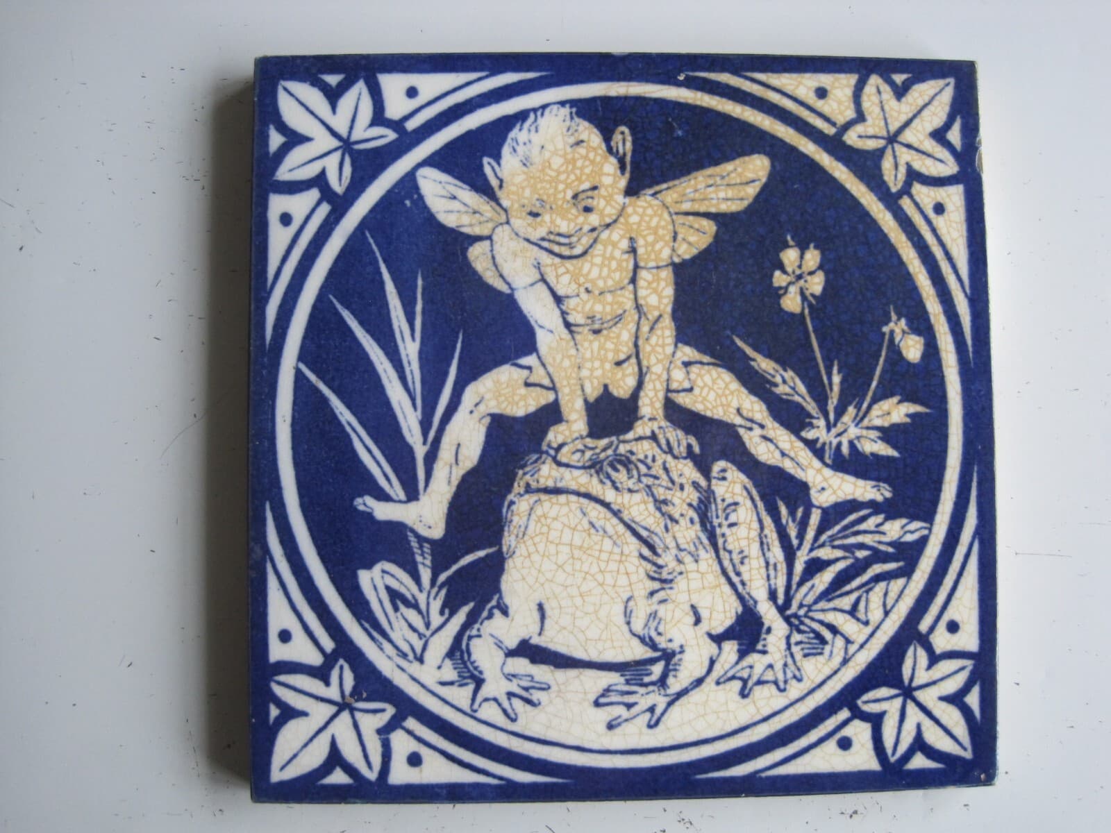 ORIGINAL ANTIQUE MINTONS ELFINS SERIES TILE - ELF LEAPFROGGING A FROG C1875