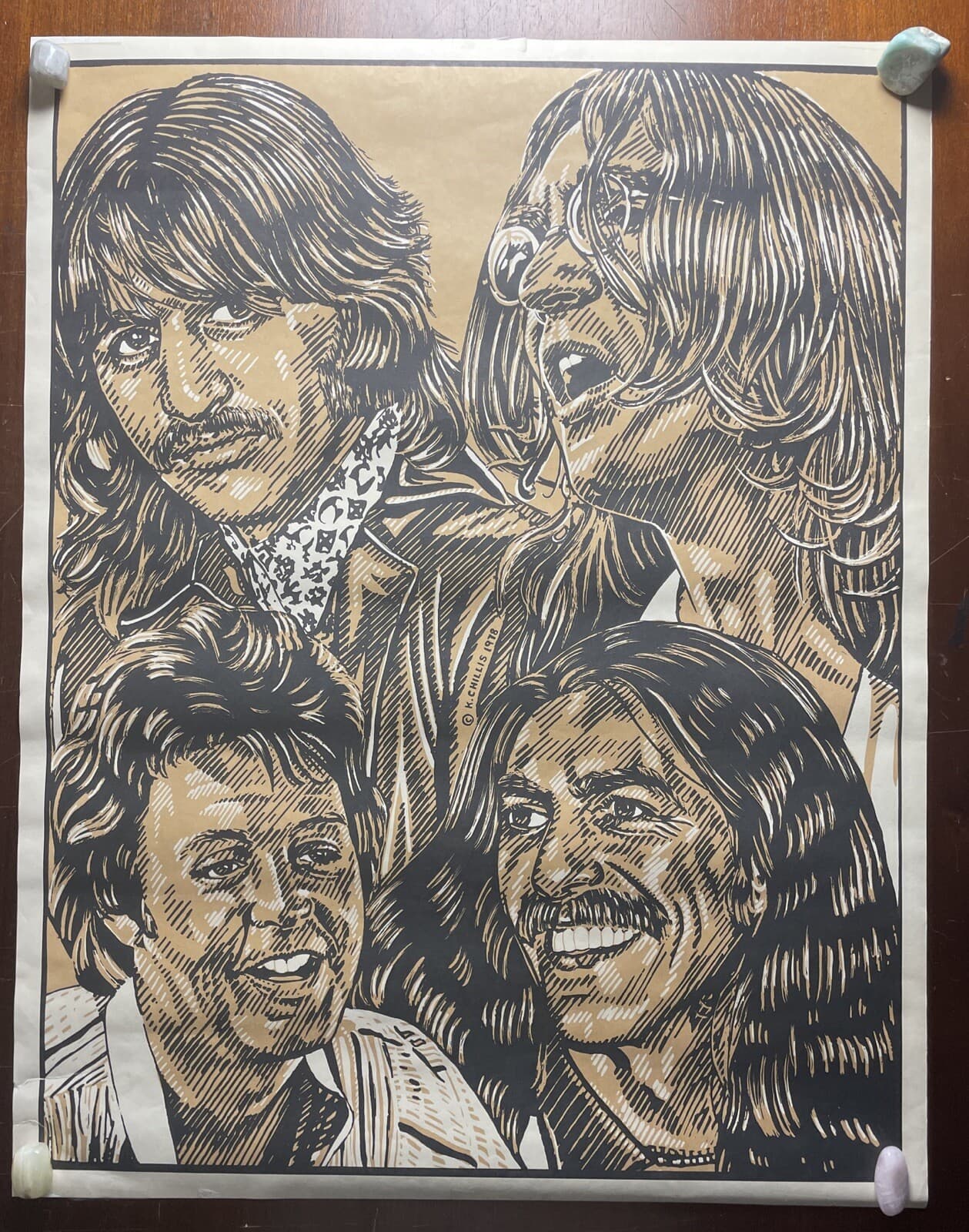 The Beatles Rock Art Poster K. Chillis 1978 Vintage Sepia Print Litho 21x27