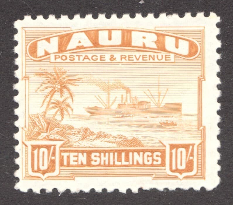 1924 Nauru Sc# 30 - 10sh Palm Trees & Cargo Ship Pictorial - MH Cv$92.50