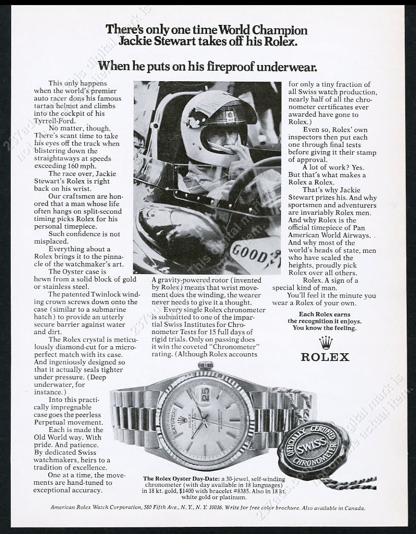 1972 Rolex Day Date watch Jackie Stewart photo vintage print ad