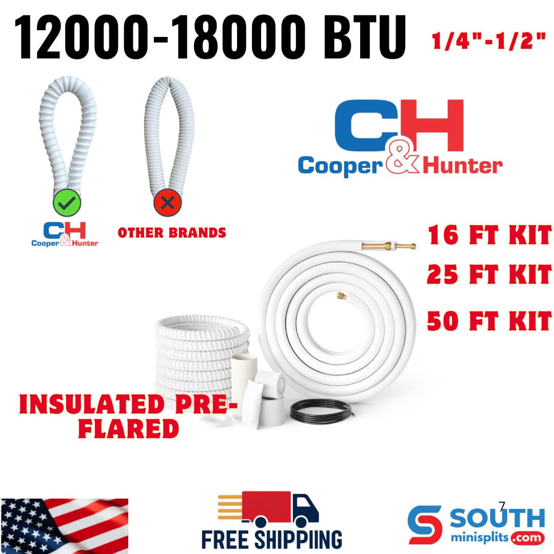 1/4"-1/2" Mini Split Line Set Kit Insulated Pre-Flared 16ft/25ft/50ft with Wires