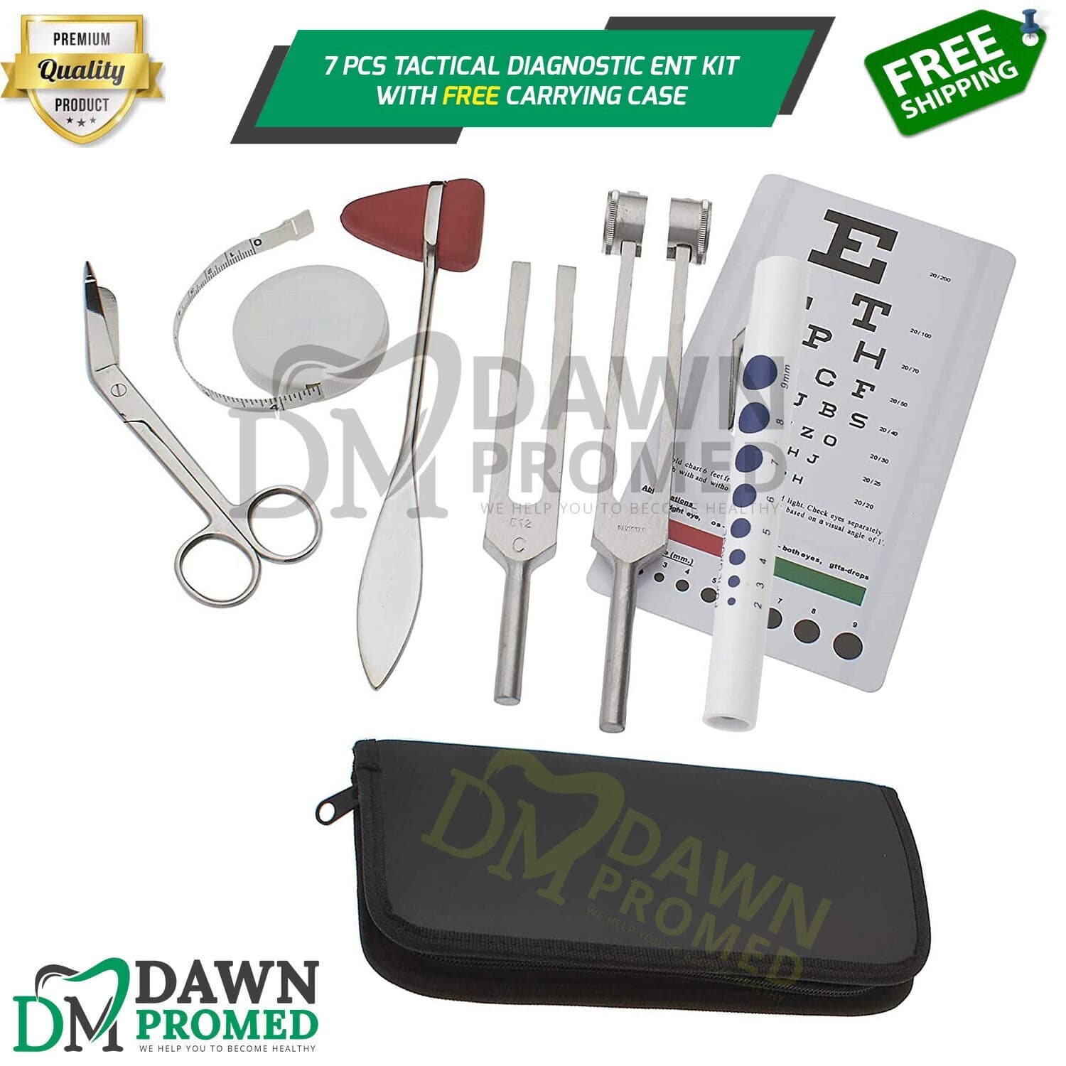 7 Pcs Tactical Diagnostic ENT kit Tuning Forks Hammer Scissor FREE Penlight Germ