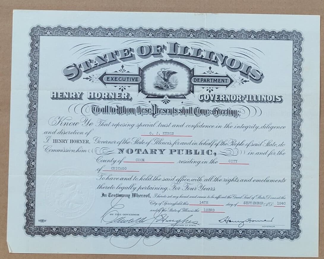 Illinois Governor Henry Horner hand-signed cert 1940 famous depression era Gov.