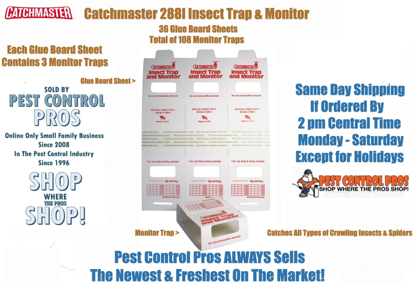 Catchmaster 288i Spider & Insect Glue Traps, Non-toxic Pest Control - 108 traps!