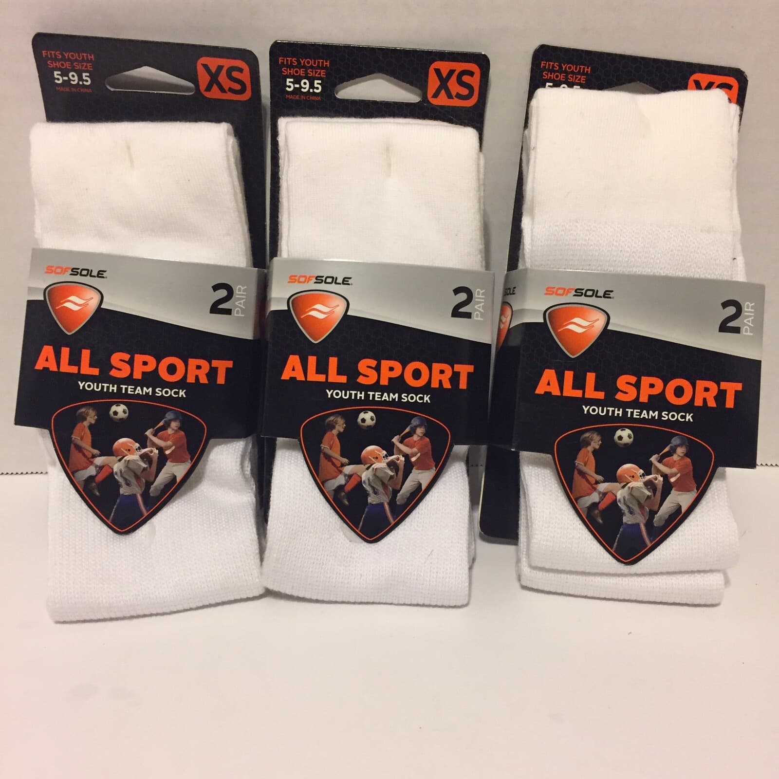 SOFSOLE ALL SPORT TEAM SOCK WHITE Youth XS size 5-9.5. Lot of 3, 6 pairs