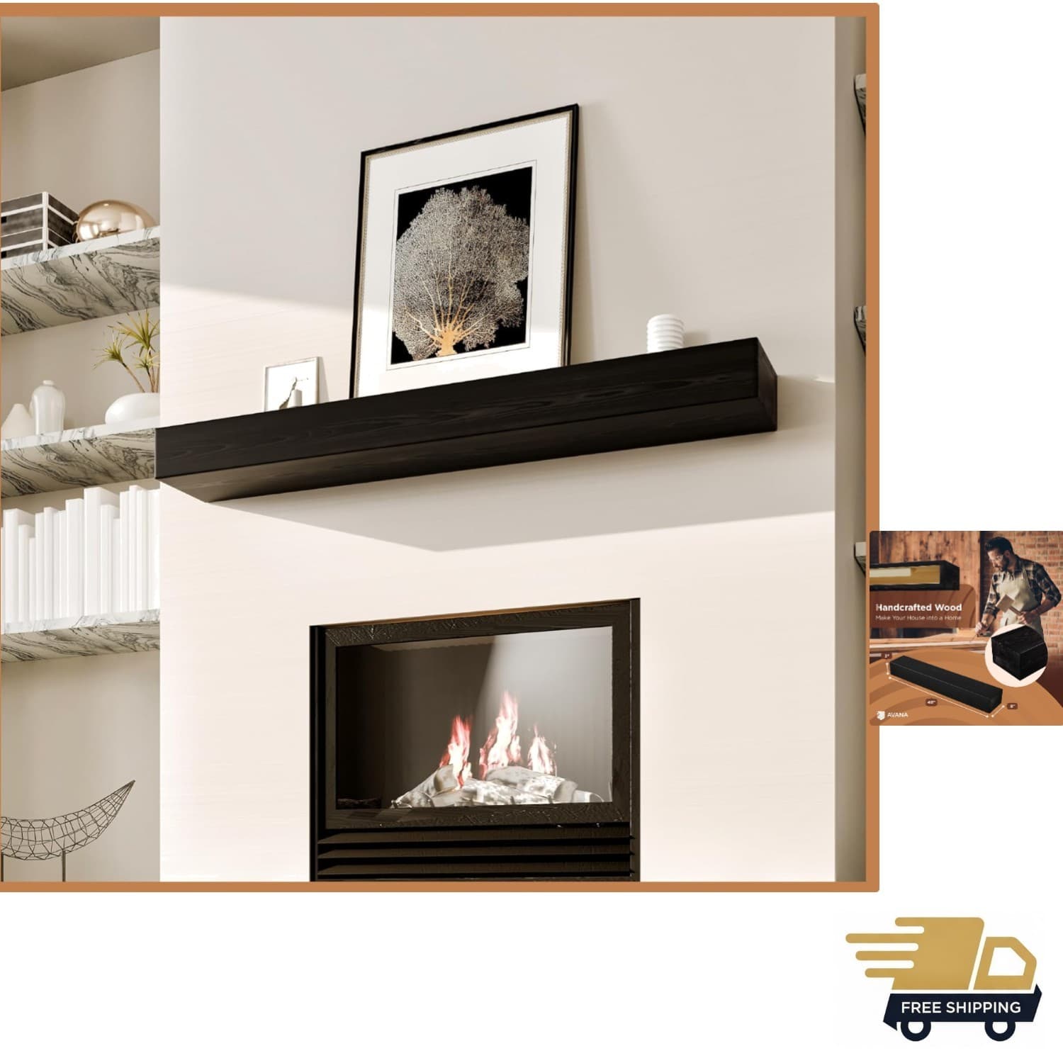 Handcrafted Fireplace Mantle - Natural Wood - Mounted, 48 X 8 X 3 Inch - Espr...