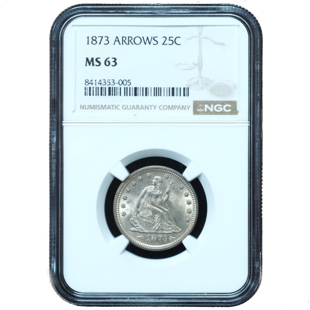 1873 Seated Liberty Quarter Arrows MS63 NGC - Bright White Beauty!