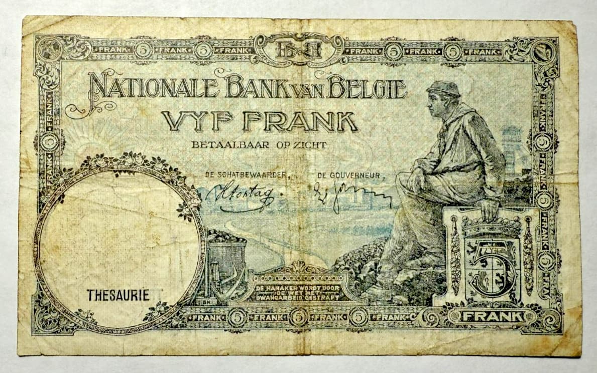 1938 Belgium 5 Francs (Leopold III) P108 Banknote