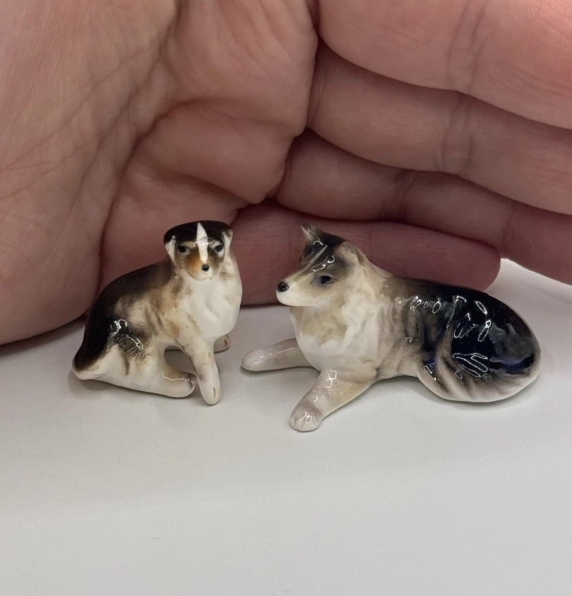 Vintage Porcelain Collie Sheltie Dog Figurine Pair Miniature Puppy Trinkets