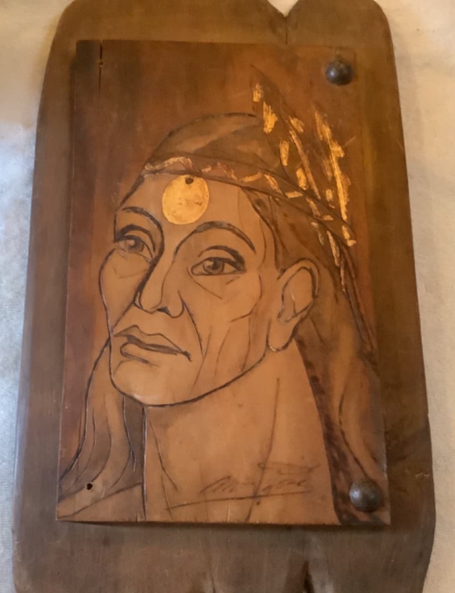 Native American Pyrography Indian Chief Early 20th Century Signed Gold Highlight
