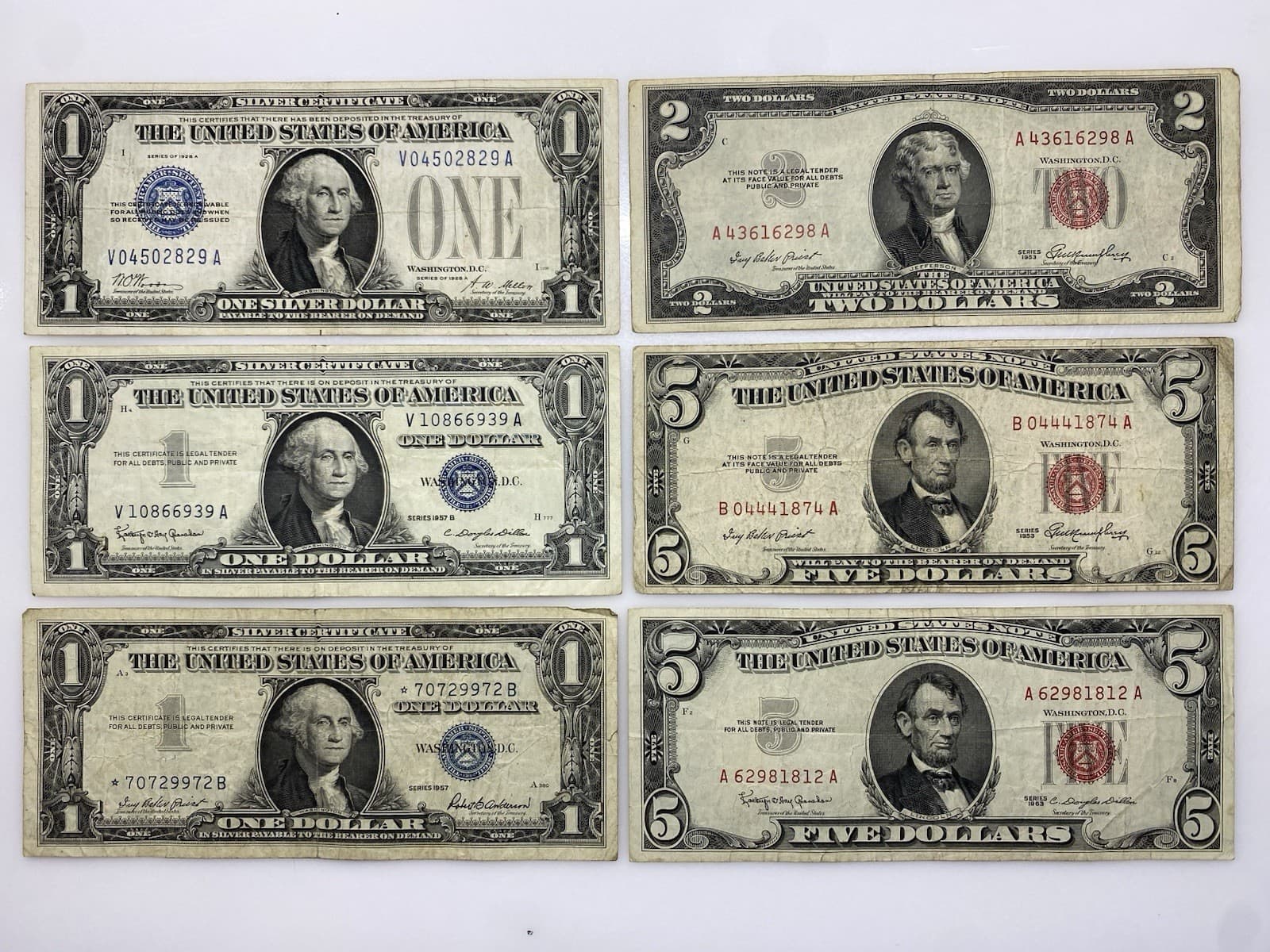 Lot of 6 Notes: 1928A ‘Funnyback’, 1957B $1, 1957 *$1, 1953 $2, 1953 $5, 1963 $5