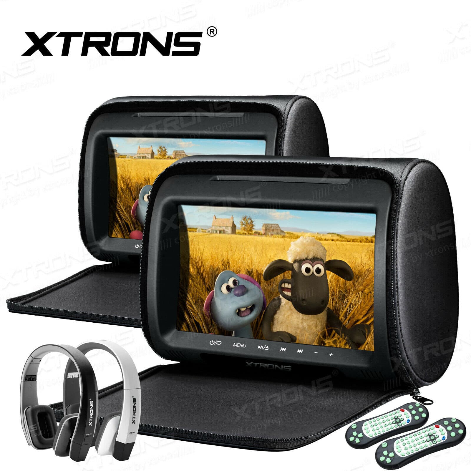 1 Pair 9" HD Car Pillow Headrest Monitor DVD Player HDMI USB SD FM IR+Headphones