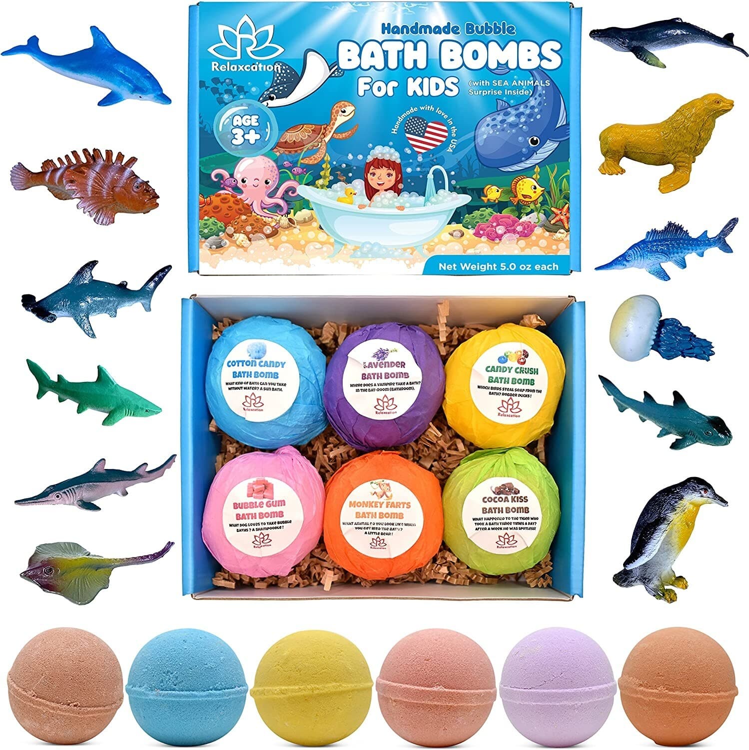 6 Bath Bombs Gift Set for Kids SEA ANIMALS Toys inside -All Natural Ingredients