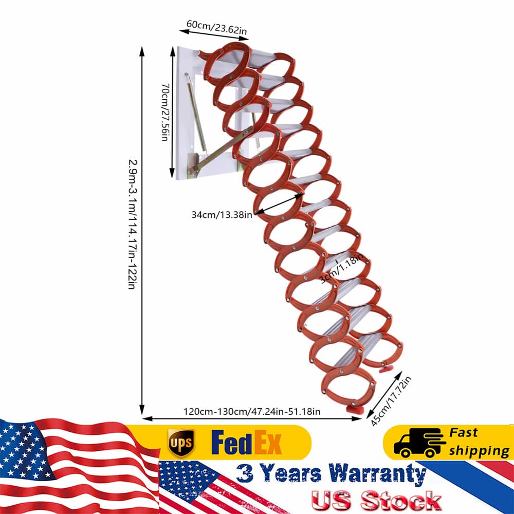 Orange 10.17ft Attic Ladder 12 Steps Loft Stairs Wall Mounted Folding Ladder USA