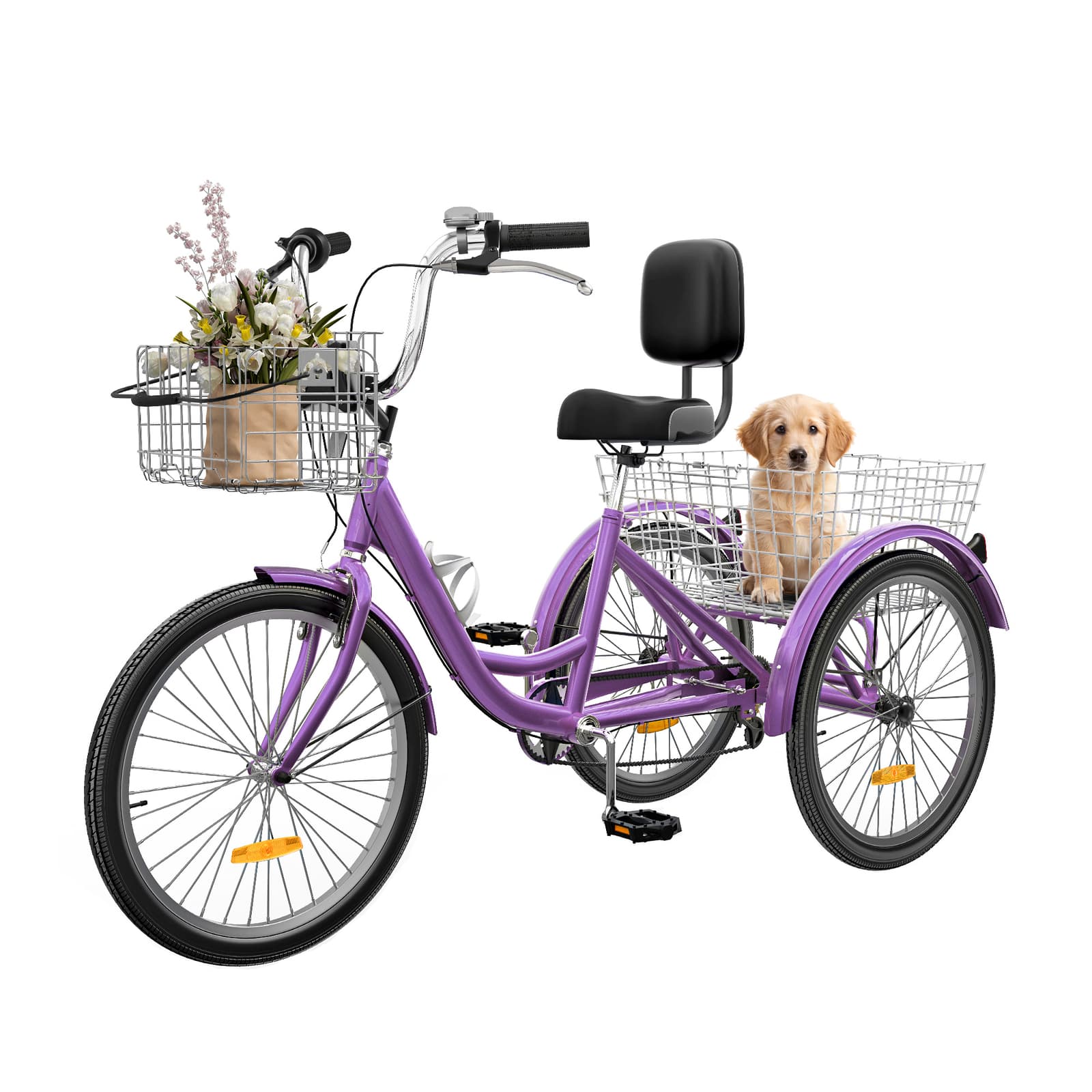 24" 3 Wheels Bike Trike Tricycle 7 Speed for Adult w/ Front & Rear Basket Purple