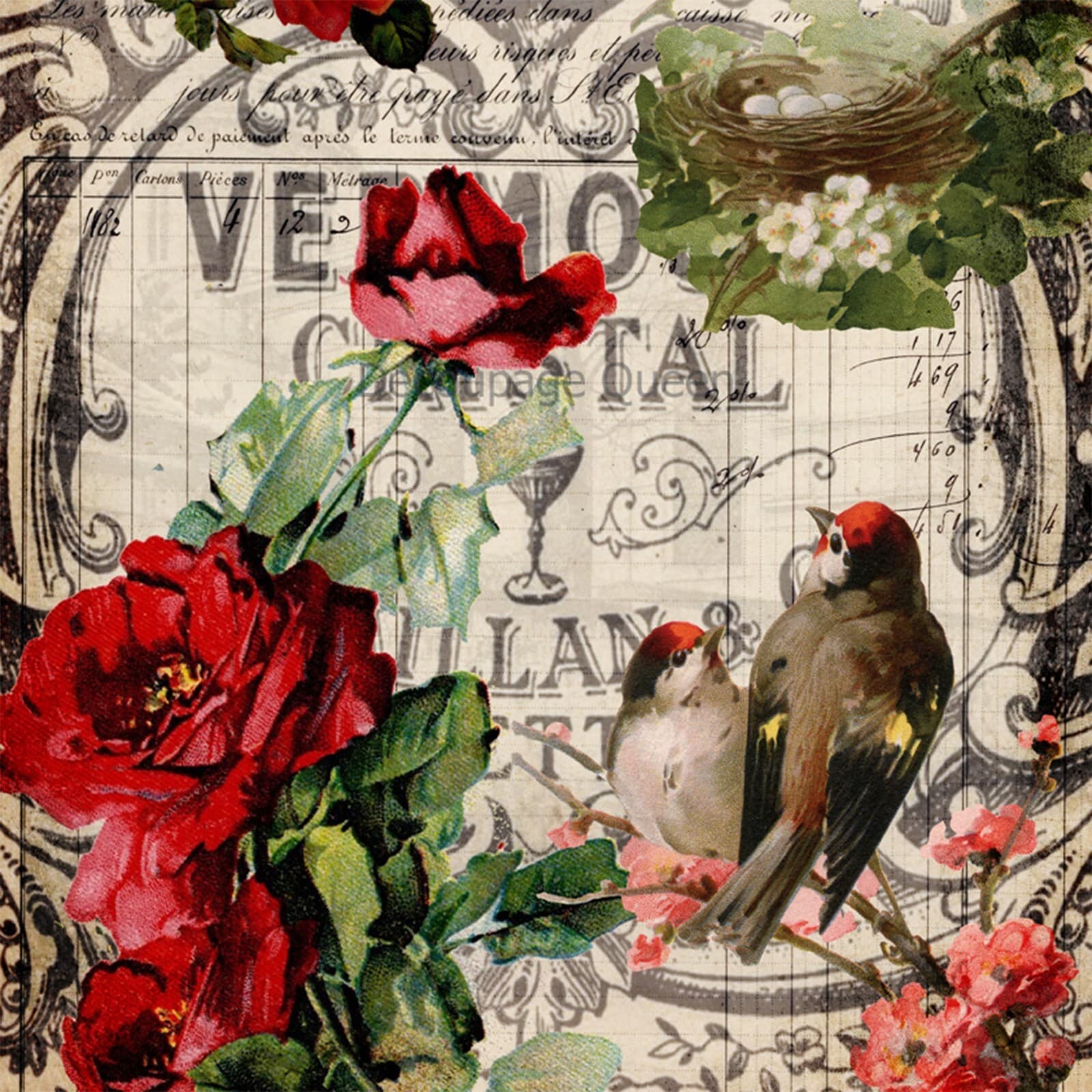A4 Paper Decoupage RED ROSES AND BIRDS Floral Decoupage Queen Same Day Shipping