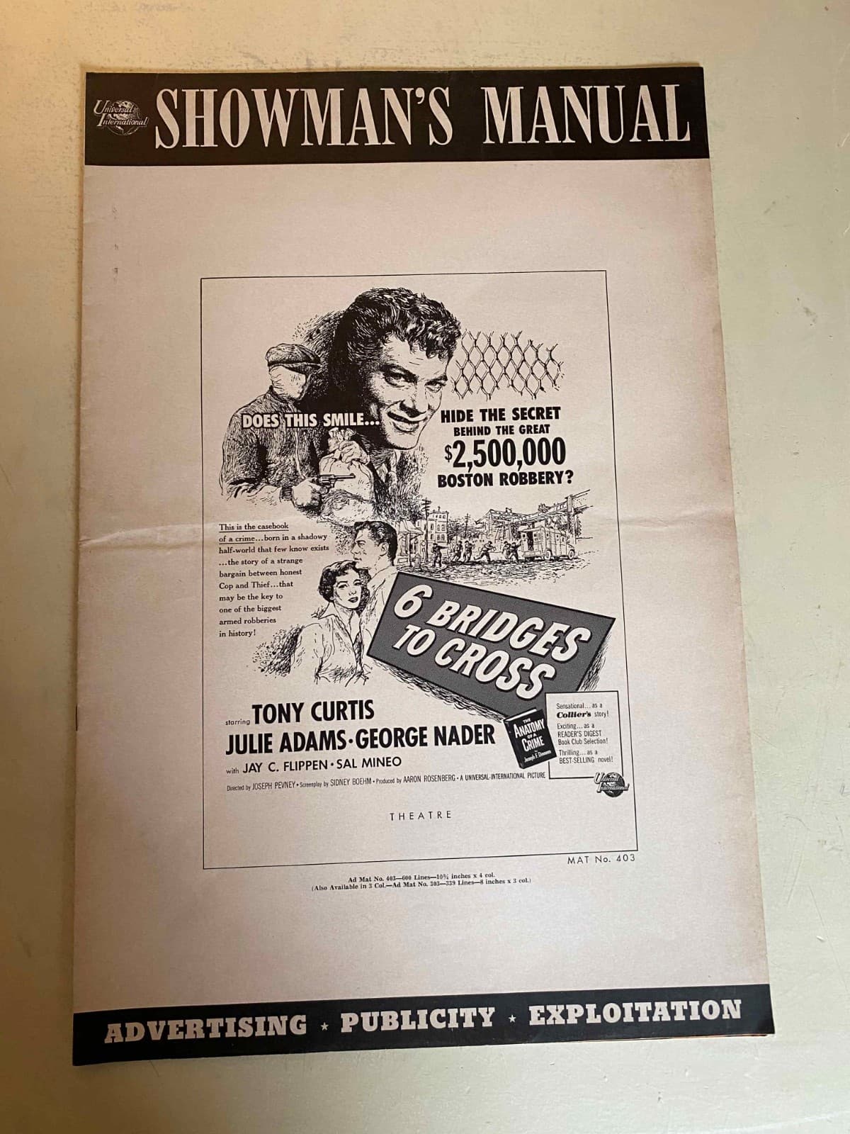 6 Bridges to Cross Pressbook 1955 Tony Curtis, Juli Adams, Sal Mineo!