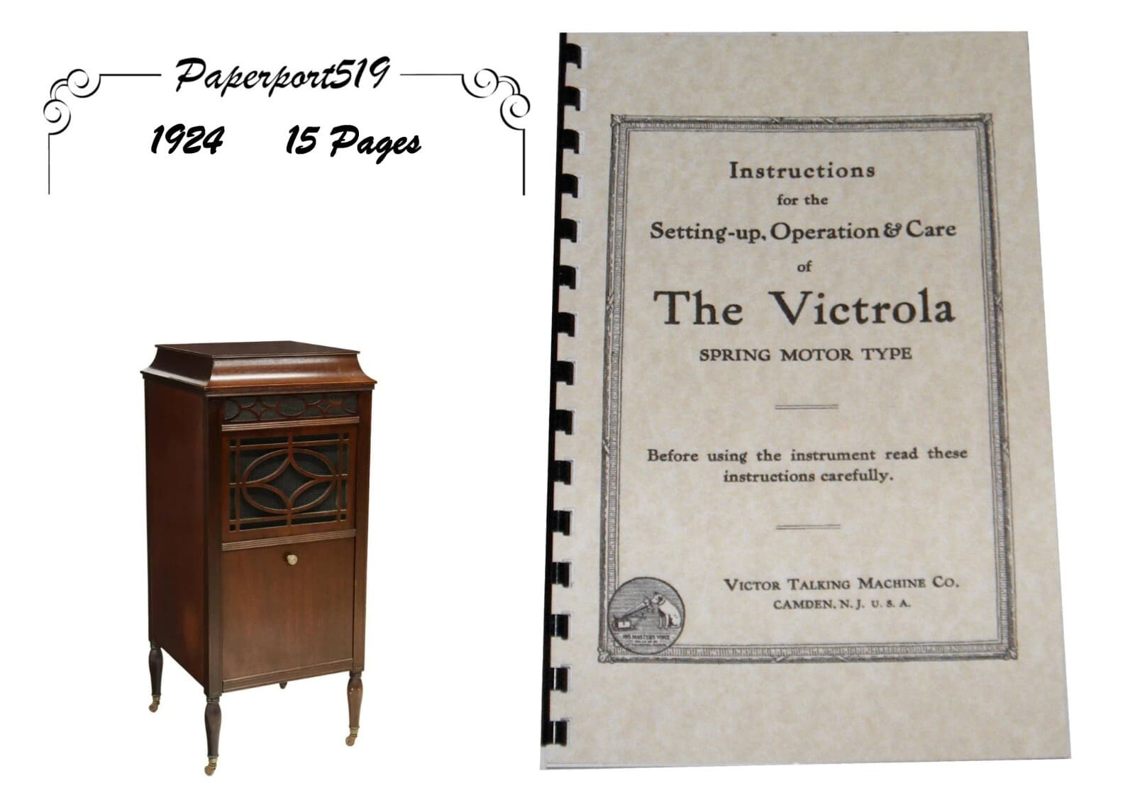 VICTROLA Spring Motor Type Setting-up Operation & Care MANUAL 1924 (15pg)